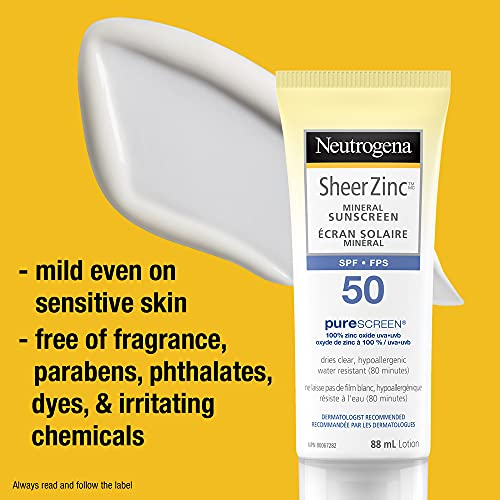 Neutrogena Sheer Zinc Mineral Sunscreen Lotion, Non-comedogenic, SPF 50, 88 mL Travel Size (Packaging may vary)
