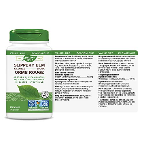 Nature's Way Slippery Elm Bark – Herbal Supplement to Soothe Inflammation of the Gastrointestinal (GI) Tract – Non-GMO, 180 Vegetarian Capsules, Value Size