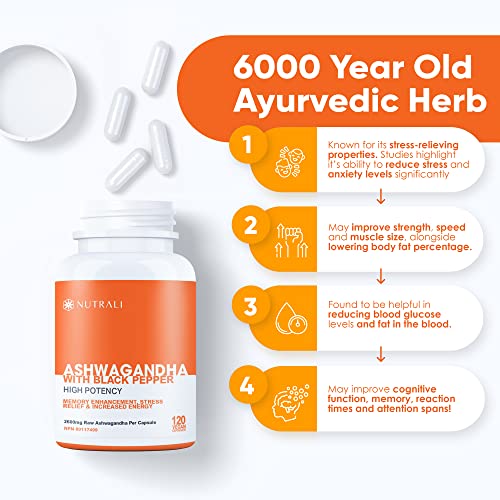New Nutrali Ashwagandha Powder with Black Pepper Extract - Highest Potency 2600mg per serving (2 capsules), 120 Vegan Capsules, Improved Memory, Increased Energy and Decreased Stress Supplement. Powerful Ancient Ayurveda Adaptogen. (2 Pack)