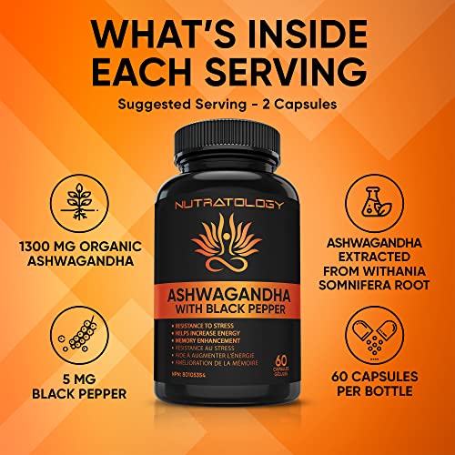 Organic Ashwagandha With Black Pepper For Improved Absorption. Resistant To Stress, Increases Energy Levels & Supports Memory Enhancement - 650MG Ashwagandha Per Capsule - 60 Capsules
