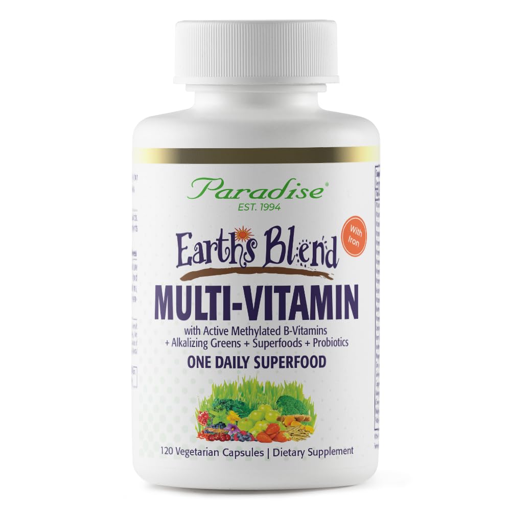 Paradise Herbs Earth's Blend Women's Once Daily Multivitamin with Iron, 48 Organic Superfoods, Probiotics, Antioxidants, Vitamins A, B12, C, D, K2, 120 Capsules