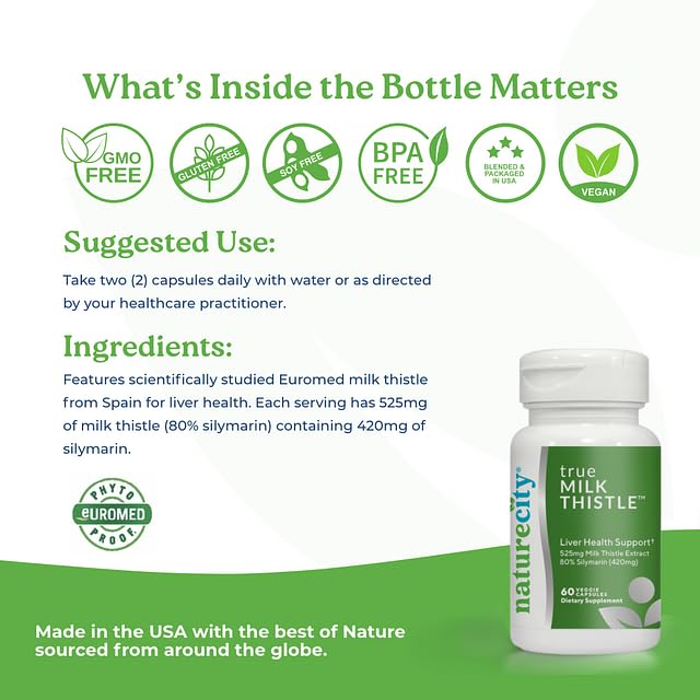 NatureCity TrueMilkThistle | Milk Thistle Supplement 525mg | Milk Thistle (80% silymarin) containing 420mg of Silymarin | Antioxidant Support | Liver Support Supplement | 60 Veggie Capsules