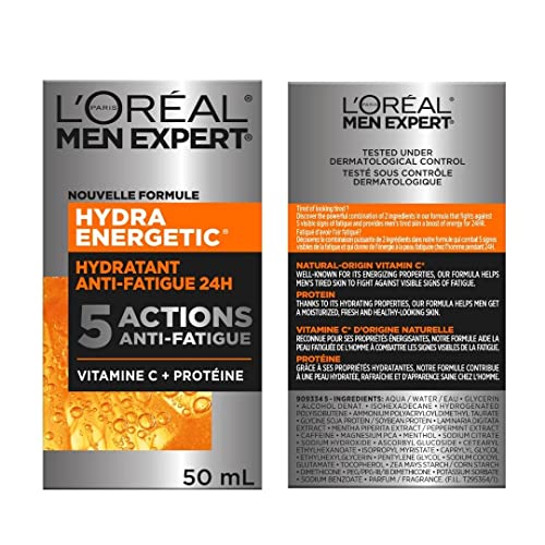 L'Oréal Paris Men Expert Hydra Energetic Face Cream with Vitamin C + Protein, 24HR Non-greasy Face Moisturizer for Men, For Dry and Dull Skin, Reduces look of fine lines & dark circles, Dermatologist Tested, 50ml