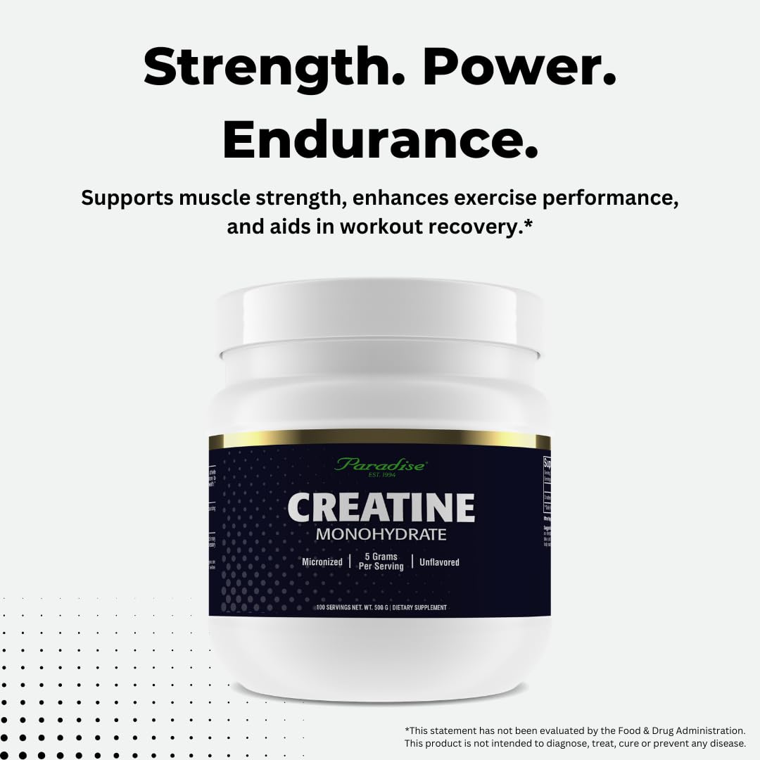 Paradise Creatine Monohydrate Powder - Micronized for Enhanced Absorption - Supports Muscle Building & Athletic Performance - 500g - 100 Servings