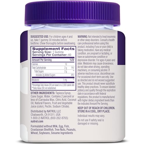 Natrol Kids Melatonin 1 mg, Dietary Supplement for Restful Sleep, Melatonin Gummies for Kids, 60 Raspberry-Flavored Gummies, Up to a 60 Day Supply
