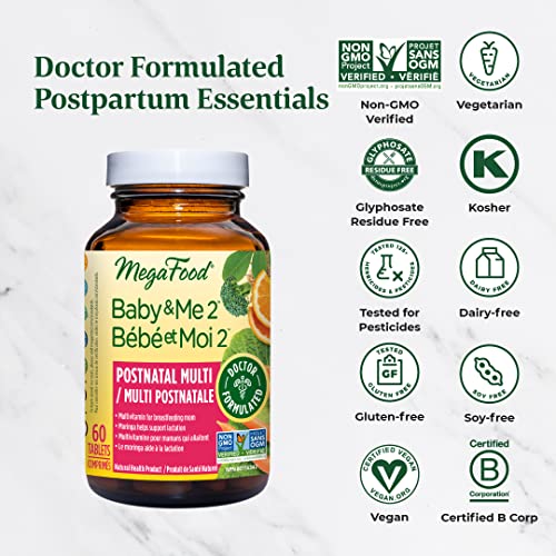Pre-Order | Arrives in 5–10 Days – MegaFood Postnatal Vitamins for Breastfeeding Moms | Postpartum Lactation Supplement Multivitamins for Women | Vitamin C Vitamin A Choline Moringa Leaf & Iron | 60 Capsules