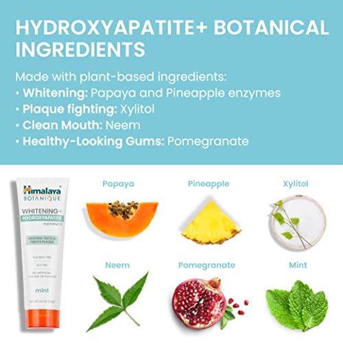 Himalaya Botanique Whitening + Hydroxyapatite Toothpaste for Whiter Teeth & Fresher Breath, Fights Plaque with Hydroxyapatite Support & Mint Flavor, Fluoride Free, SLS Free, & Vegan, 4.0 oz (113g)