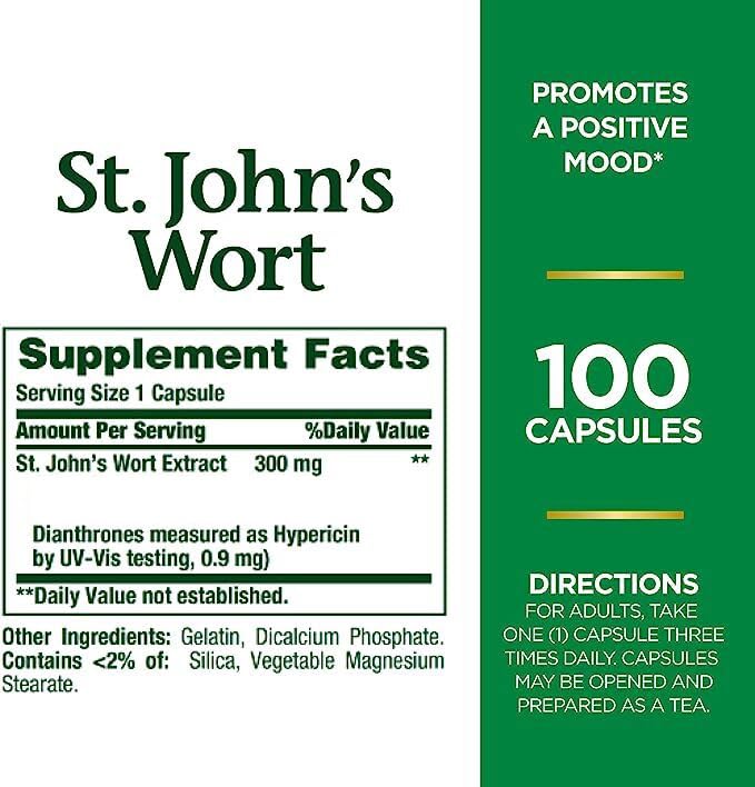 Nature's Bounty St. John's Wort 300mg Capsules, Herbal Health Supplement, Promotes a Positive Mood, 100 Capsules
