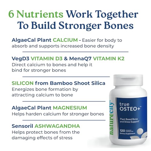 NatureCity True-Osteo Bone Support Supplement – Plant-Based Formula with AlgaeCal Calcium, Magnesium, Vitamin D3, K2 & Silicon | Gentle on Stomach (120 Veggie Capsules)