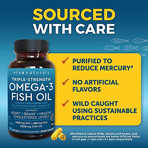 Viva Naturals Triple Strength Omega 3 Fish Oil Supplement - 2200 mg Wild Caught and Sustainably Sourced Fish Oil Vitamins with Omega 3 Fatty Acids Including EPA DHA, No Fish Burps, 180 Softgels
