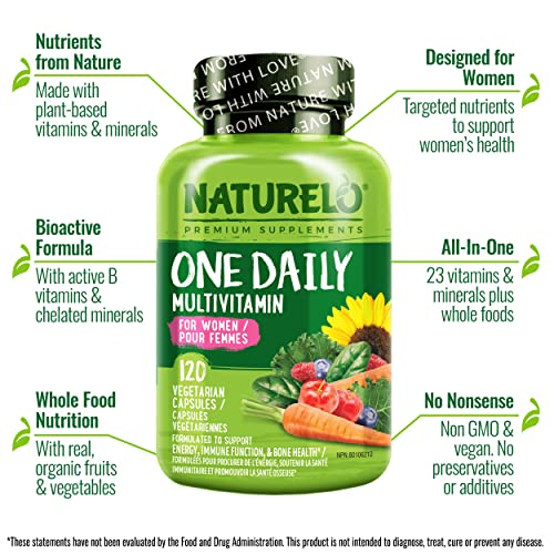 NATURELO One Daily Multivitamin for Women - Energy Support - Whole Food Supplement to Nourish Hair, Skin, Nails - Non-GMO - No Soy - Gluten Free - 120 Capsules | 4 Month Supply