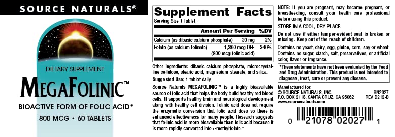 Pre-Order | Arrives in 5–10 Days – Source Naturals MegaFolinic 800mcg - 60 Tablets