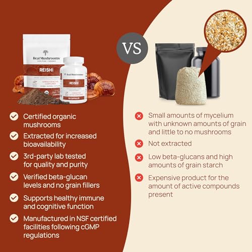 Real Mushrooms Reishi Mushroom Powder - Handpicked Organic Mushroom Extracts - Red Reishi for Tranquil Daily Wellness, Verified Beta Glucans – Vegan Non-GMO Mushrooms Supplement Organic– 100 Servings