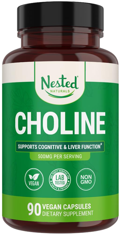 Nested Naturals Choline Bitartrate 500mg - High Potency Choline Supplements - Supports Cognitive Performance & Liver Function - 100% Vegan & Non-GMO Choline - 90 Vegan Capsules