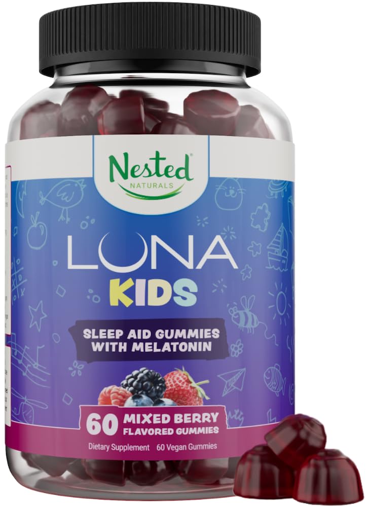 Nested Naturals Luna Kids Sleep Gummies - Non-Habit Forming Kids Melatonin Gummy with Valerian Root, Chamomile, and Lemon Balm - Children's Melatonin Sleep Aid - Mixed Berry, 60 Vegan Gummies
