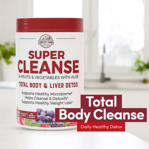 Pre-Order | Arrives in 5–10 Days – Country Farms Super Cleanse, Super Juice Cleanse, Supports Healthy Digestive System, 34 Fruits and Vegetables with Aloe, Promotes Natural Detoxification, Drink Powder, 14 Servings, 9.88 Ounce