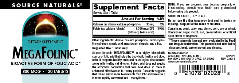 Pre-Order | Arrives in 5–10 Days – Source Naturals MegaFolinic, Bioactive Form of Folic Acid, 800 mcg - 120 Tablets