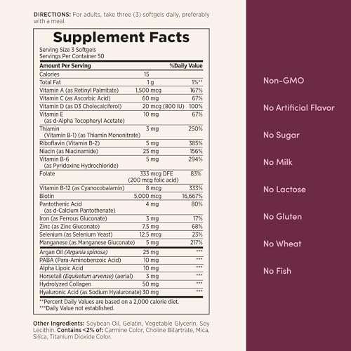 Nature's Bounty Advanced Hair, Skin & Nails, Argan-Infused Vitamin Supplement with Biotin and Hyaluronic Acid, 150 Rapid Release Softgels, 50 Total Servings