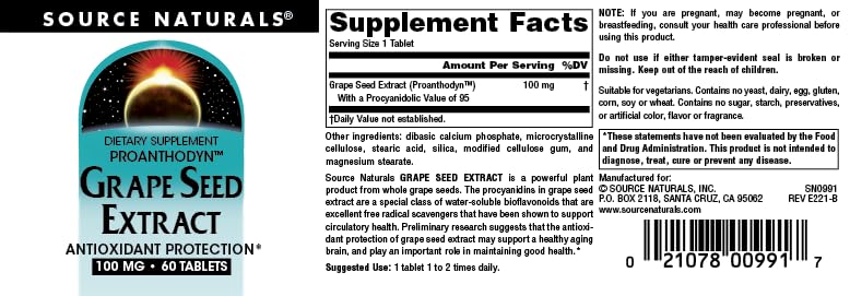 Source Naturals Grape Seed Extract, Proanthodyn 100 mg Antioxidant Protection & Supports Healthy Aging Brain - 60 Tablets