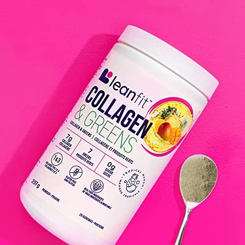 LEANFIT COLLAGEN & GREENS, Tropical Mango - 7g Grass-Fed Bovine Collagen (Type I, III) + 2 Seaweeds + 5 Leafy Greens Per Serving - 25 Servings, 257g Tub
