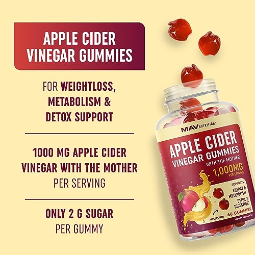Organic Apple Cider Vinegar Gummies (60 Ct.) | Weight, Digestion, Detox, Immunity & Diet Support with ACV | With The Mother, Vitamin B6, B12 & Folate | Belly Fat Burner for Women & Men | Vegan, 500MG