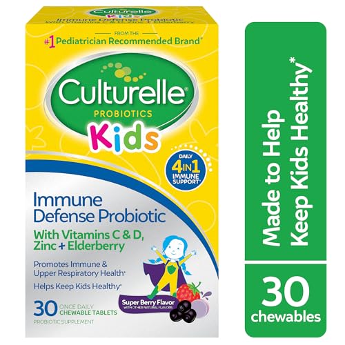 Pre-Order | Arrives in 5–10 Days – Culturelle Immune Defense Probiotic with Vitamin C, Vitamin D and Zinc + Elderberry, Non-GMO, 4-in-1 Immune Support for Kids Ages 3+*, Mixed Berry Chewables, 60 Count