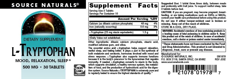 Pre-Order | Arrives in 5–10 Days – Source Naturals L-Tryptophan, for Mood, Relaxation, and Sleep*, 500mg - 30 Tablets