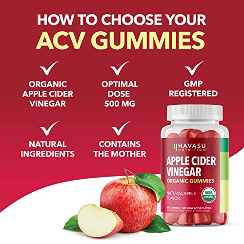 Organic Apple Cider Vinegar Gummies with The Mother | Metabolism Control & Detox to Boost Digestion | 60 Vegan & Non-GMO ACV Gummies | Tasty Natural Apple Flavor