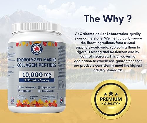 Orthomolecular Laboratories - Hydrolyzed Marine Collagen Peptides Powder 10000mg, 600g - Vitamins for Bone Strength, Digestive Health, Joint Health, Hair Skin & Nail Vitamins - Collagen Protein Powder
