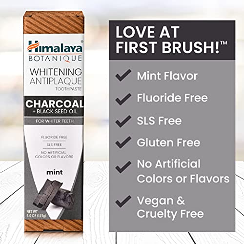 Himalaya Botanique Whitening Antiplaque Toothpaste with Charcoal + Black Seed Oil for Whiter Teeth, Mint Flavor, Fluoride Free, Vegan, Gluten Free & SLS Free, 113 g (4 oz), 4 Pack