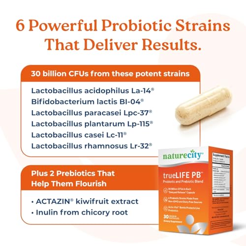 NatureCity True-Life-PB Shelf Stable Blend Prebiotics and Probiotics for Women and Men - Digestive Gut Health Supplements for Women and Men - Dairy Free - (30 Veggie Capsules)