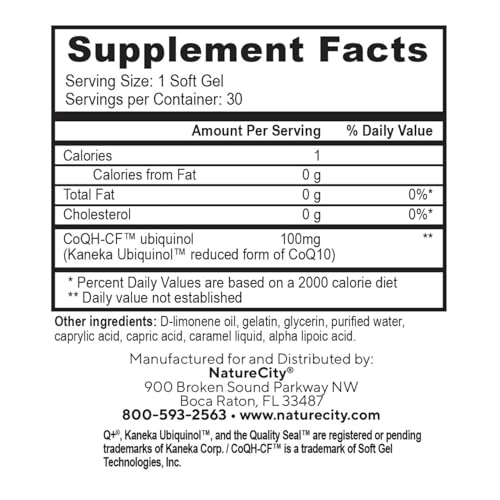 NatureCity True-CoQ10 Ubiquinol 100mg Highly Absorbable and Stablized Kaneka QH CoQ10 Heart, Brain and Cellular Energy Supplement - (30 Soft Gels) Active CoQ10 as Ubiquinol