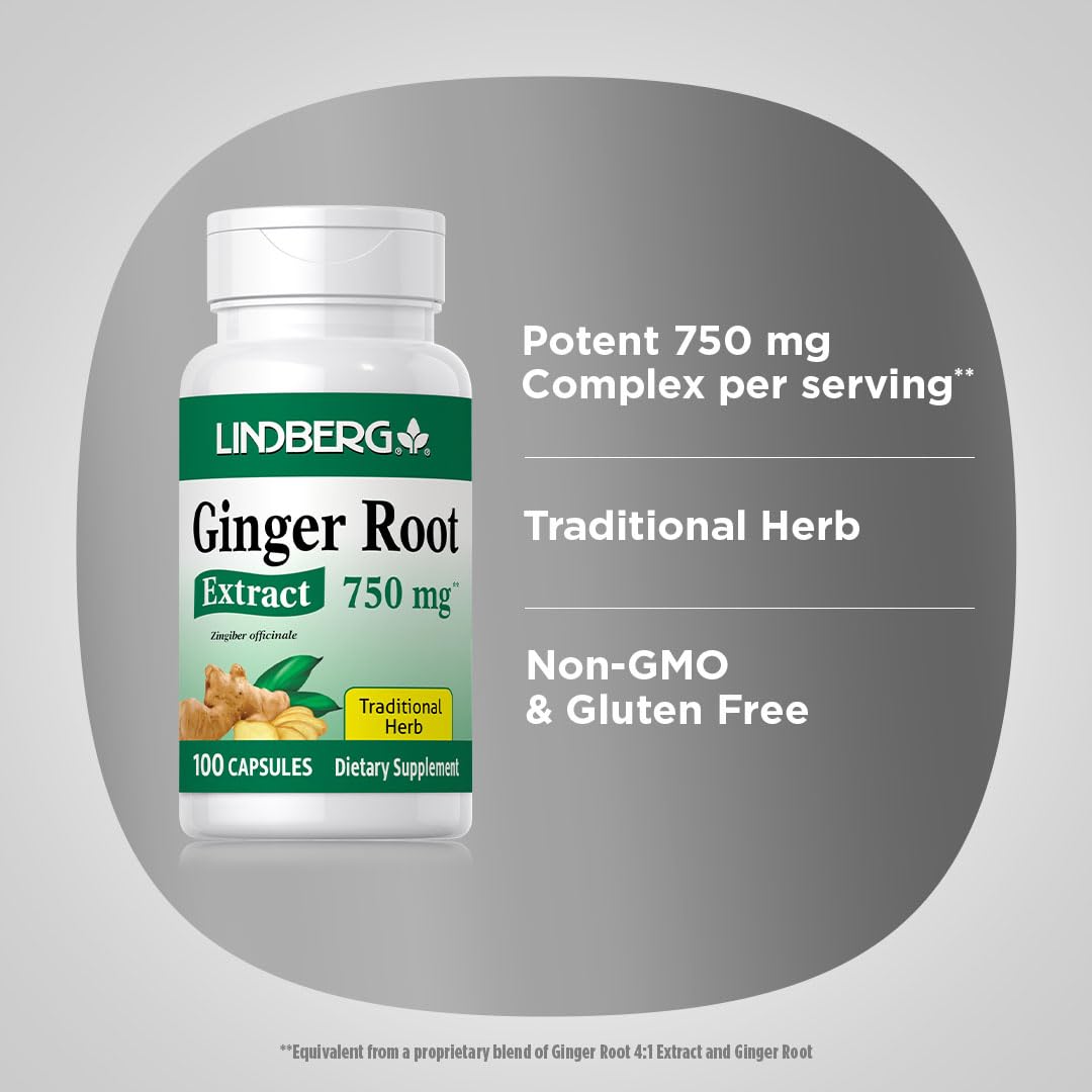 Lindberg Ginger Root Capsules | 750 mg | 100 Count | Non-GMO, Gluten Free Supplement