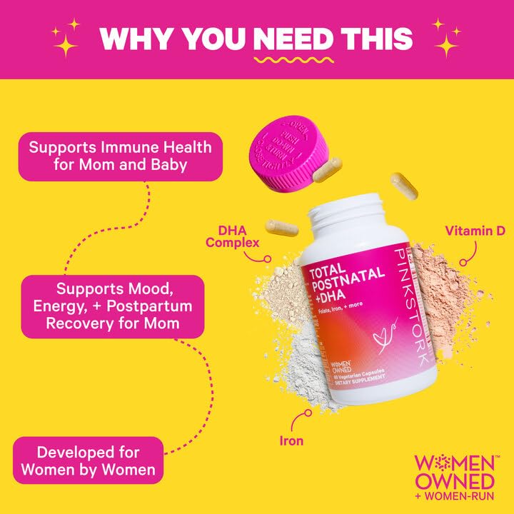 Pink Stork Total Postnatal Vitamin & DHA: Postpartum Multivitamin with Iron, B-Complex, & Folate, Breastfeeding Vitamins for Moms, Post Pregnancy Prenatal Vitamin, Women-Owned, 60 Capsules