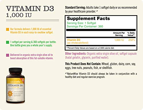 NatureWise Vitamin D3 1000iu (25 mcg) Healthy Muscle Function, and Immune Support, Non-GMO, Gluten Free in Cold-Pressed Olive Oil, Packaging Vary ( Mini Softgel), 360 Count
