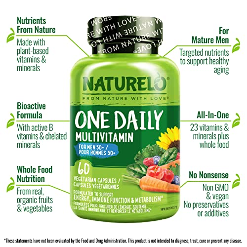 NATURELO One Daily Multivitamin for Men 50+ - with Vitamins & Minerals + Organic Whole Foods - Supplement to Boost Energy, General Health - Non-GMO - 60 Capsules | 2 Month Supply