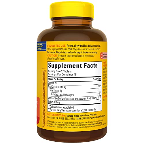 Nature Made Extra Strength Dosage Chewable Vitamin C 1000 mg per Serving, Dietary Supplement for Immune Support, 90 Tablets, 45 Day Supply (Pack of 2)
