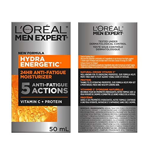 L'Oréal Paris Men Expert Hydra Energetic Face Cream with Vitamin C + Protein, 24HR Non-greasy Face Moisturizer for Men, For Dry and Dull Skin, Reduces look of fine lines & dark circles, Dermatologist Tested, 50ml