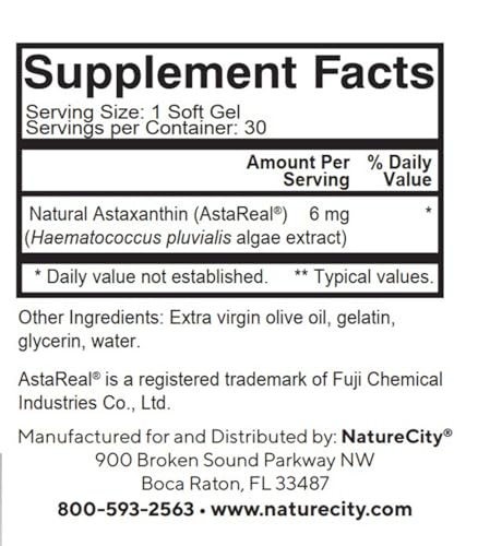 NatureCity TrueAsta 6mg Astaxanthin Supplement with AstaReal | Supports Eye, Skin, Joints, Muscles, Brain & Blood Flow | Algae Based Antioxidant Supplement | Non-GMO, Gluten Free | 30 Soft Gels