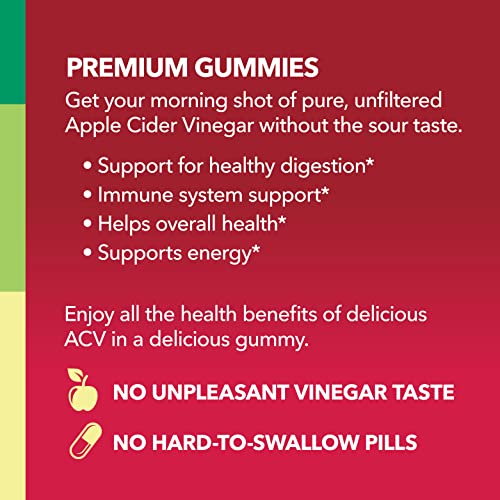 Organic Apple Cider Vinegar Gummies with The Mother | Metabolism Control & Detox to Boost Digestion | 60 Vegan & Non-GMO ACV Gummies | Tasty Natural Apple Flavor
