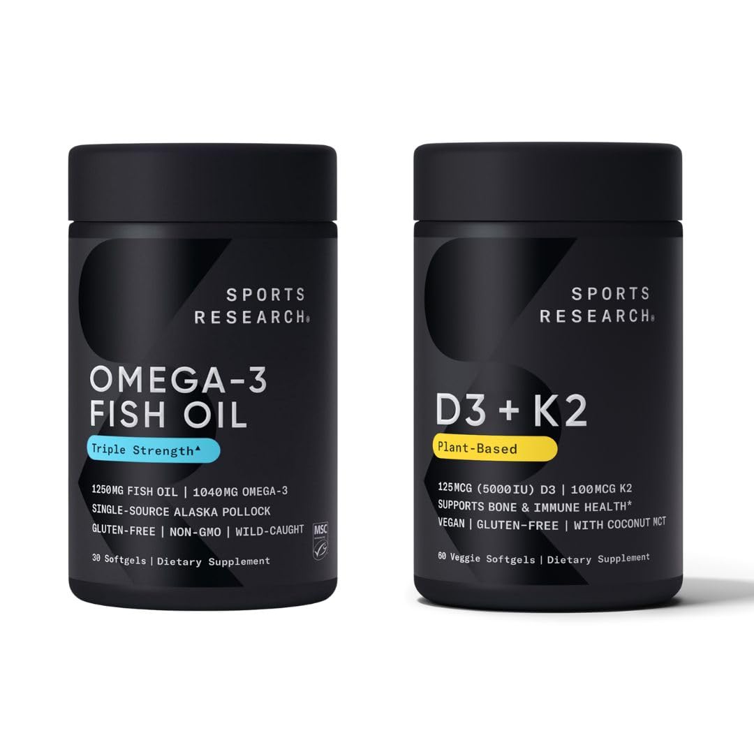 Sports Research Triple Strength Omega 3 Fish Oil 1250mg EPA & DHA from Wild Alaska Pollock Burpless Supplement Sustainably Sourced and Vitamin D3 K2 with Coconut Oil Plant Based Vegan Certified