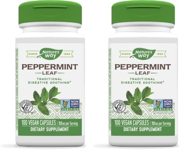 Nature's Way Premium Herbal Peppermint Leaf, Traditional Digestive Soothing and Discomfort Support*, 700mg per Serving, 100 Capsules (Pack of 2)