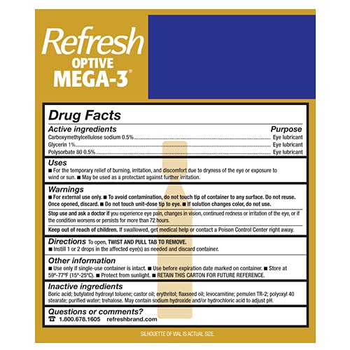 Refresh Optive Mega-3 Lubricant Eye Drops, Preservative-Free, 0.01 Fl Oz Single-Use Containers, 60 Count