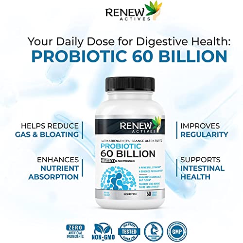 NEW! Renew Actives Probiotics 60 Billion CFU with MAKTREK Bi-Pass Technology, Probiotics Made to Survive Stomach Acid with Advanced Absorption for Digestive Health, Immunity, & 60 Capsules!