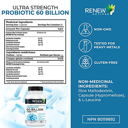 NEW! Renew Actives Probiotics 60 Billion CFU with MAKTREK Bi-Pass Technology, Probiotics Made to Survive Stomach Acid with Advanced Absorption for Digestive Health, Immunity, & 60 Capsules!