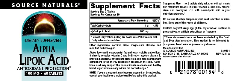 Source Naturals Alpha Lipoic Acid Supports Healthy Sugar Metabolism, Liver Function & Energy Generation* -100 mg - 60 Tablets