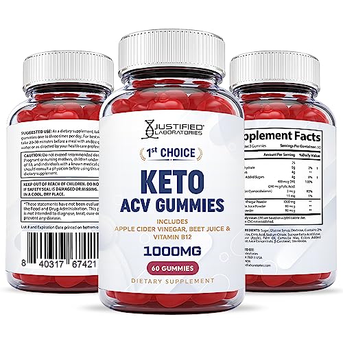 Justified Laboratories 1st Choice Keto ACV Gummies 1000MG Vegan Non GMO with Pomegranate Juice Beet Root B12 60 Gummys