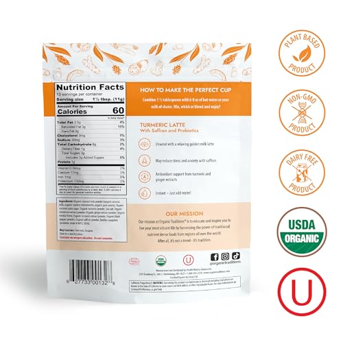 Organic Traditions Turmeric Latte – Creamy Coconut Milk Base – Saffron & Turmeric Blend – Easy to Mix – Sweetened with Coconut Palm Sugar – 1 Billion Probiotics per Serving - 150g/5.3oz Bag