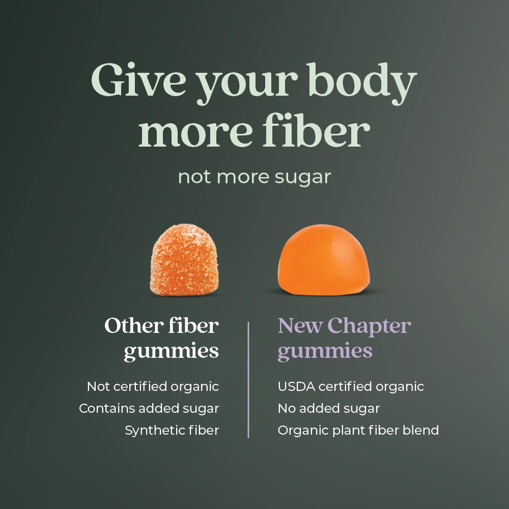 New Chapter Organic Fiber Gummies for Adults & Kids (Age 4+), Plant-Based Prebiotic Fiber for Digestive Health, Vegan, Non-GMO, USDA Organic, Gluten Free, Citrus-Berry Flavored, 60 ct