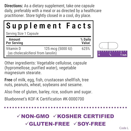 Bluebonnet Vitamin D3 5000 IU 125 mcg - Strong Bones & Immune Support Supplement for Women & Men* Soy-Free, Gluten-Free, Non-GMO, Vegetarian - Highly Absorbable Vitamin D - 120 Veggie Capsules